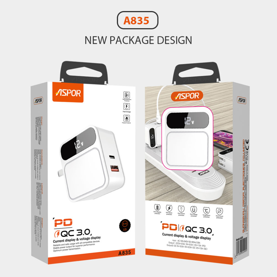 Aspor Home Charger PD + QC 3.0 Dual USB with LED Display (A835)