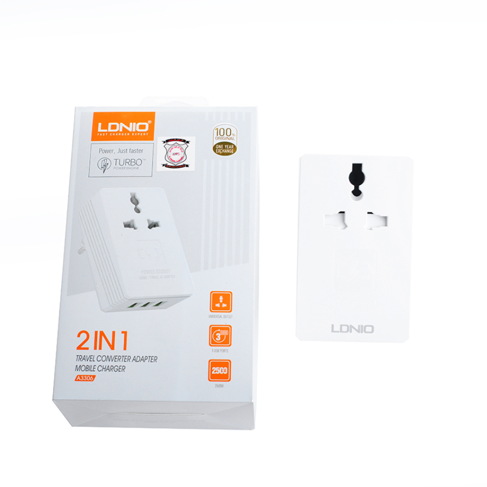 LDNIO A3306 2in1 Travel Converter Adapter & 3 USB Charging Port UK 3Pin