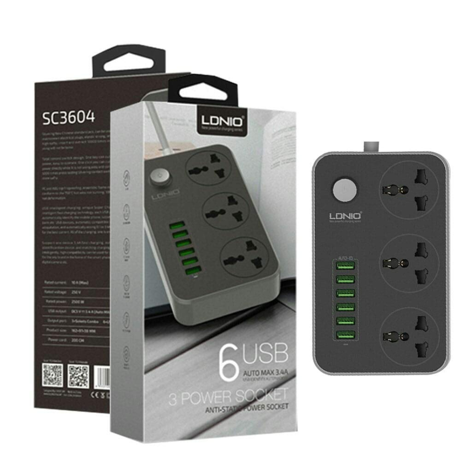 LDNIO SC3604 Power Strip with 3 AC Sockets + 6 USB Ports Charger