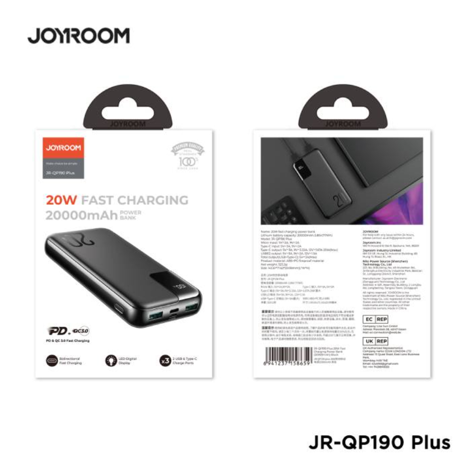 Joyroom JRQP190 Plus 20000 mAh 20W Fast Charging Power Bank with Digital Display-Black