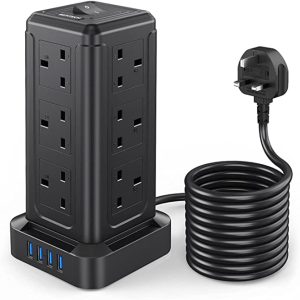 TPVF4U12K Power Extension Cord Tower, 12 Power Sockets Desktop Charging Station,220-250V, 4 Smart USB Slots, 2M Cord